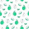 Seamless pattern doodle apple outline with spots. Whole, pieces, seeds and leaves.