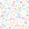 Seamless pattern with doodle children house, sun and bike. Hand drawn funny little kids play, run and jump. Color cute