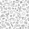 Seamless pattern with doodle children, house, sun, rainbow and bike. Hand drawn funny little kids play, run and jump