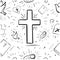 Seamless pattern doodle Christian art - bible, cross, child, heart, dove