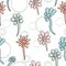 Seamless pattern with doodle daisies and round gray shapes on a white background, floral elements in pastel colors