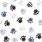 Seamless pattern with doodle dog paws. Black color animal print. Vector background.