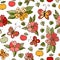 Seamless pattern with doodle flowers, butterflies and apples on white background. Cute summer design for fabric, textile, wrapping