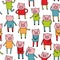 Seamless pattern with doodle pigs in colorful clothes.