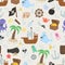 seamless pattern with doodle pirate and nautical elements. Cute doodle pirate bundle, ship, whale, island, octopus, chest