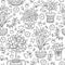 Seamless pattern doodle plants in pots, floral background.