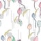 Seamless pattern with doodle prints of tulips of gentle shades and black strokes, gray spots and lines on a white background