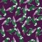 Seamless pattern with doodle random green ara parrot print. Purple background. Tropical bird backdrop
