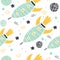 Seamless pattern with doodle rockets and planets