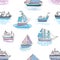 Seamless pattern with doodle ships, yachts, boats, sailing craft, sailboat, nautical vessel. Background with sea