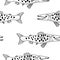 Seamless pattern with doodle smiling fish. Hand drawn lineart. Vector illustration.