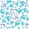 Seamless pattern doodle strong blue bird and blue hats