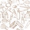 Seamless pattern from doodles of cosmetic cream, lipstick, powder, eye shadow...