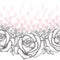 Seamless pattern with dotted black roses, leaves and stylized pink petals on the white background.