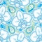 Seamless pattern with dotted moth Orchid or Phalaenopsis in blue and decorative lace on the white background.