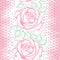 Seamless pattern with dotted pink roses, green leaves and decorative lace on the white background.