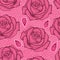 Seamless pattern with dotted rose flower in black and decorative lace in white on the pink background.