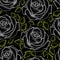 Seamless pattern with dotted white roses and green leaves on the black.