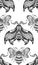 Seamless pattern with drawing bee and moth with boho decoration. Vector monochrome texture with night butterfly and bumblebee