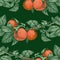 Seamless pattern from drawn branches with ripe orange mandarins and green leaves