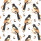 Seamless pattern, drawn colorful magpie birds and leaves. Gray-beige colors.Print, textiles, wallpapers, pastel decor