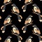 Seamless pattern, drawn colorful magpie birds sitting on a branch, on a black background. Print, textile, pastel decor