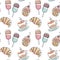 Seamless pattern, drawn contour cupcakes, coffee and ice cream on a stick with colored spots. Print, cafe decor