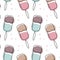 Seamless pattern drawn contour ice cream on a stick with colored spots. Print, textile, cafe decor
