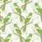 Seamless pattern, drawn gentle magpie birds on a background of contour green leaves. Print, textile, decor for pastel linen