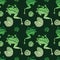 Seamless pattern of drawn green frogs and leaves