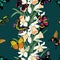 Seamless pattern of drawn spring daffodils and various flying butterflies