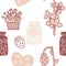 Seamless pattern with drawn strawberries, jam jar, berry muffin, strawberry branch