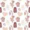 Seamless pattern with drawn strawberries, jam jar, berry muffin, strawberry branch. Brown and beige print for textiles, menus