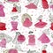 Seamless pattern with dreaming princesses. Set of doodle fantasy little girls with pink, silver and golden colors.