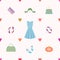 Seamless pattern of dress, shoes, handbags, hearts