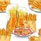 Seamless pattern drink with foam and bubbles beer french fries. vector illustration