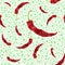 Seamless pattern with dry bright chili peppers and green dots on white