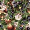Seamless pattern in Dutch style. Scenic plum in digital art and leaves, peony. Dutch still life