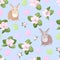 Seamless pattern with Easter bunnies, eggs and apple blossom