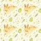 Seamless pattern with Easter bunny. Rustic template with cute rabbit, Easter eggs, feathers and spring flowers