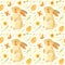 Seamless pattern with Easter bunny. Rustic template with cute rabbit, Easter eggs and spring flowers