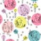 Seamless pattern with easter chickens, daffodils, tulips and daisies.