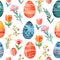 a seamless pattern of easter eggs and flowers on a white background