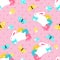 Seamless pattern with easter spring bunny in flowers on pink background