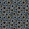 Seamless pattern of ecru, khaki, silver color heart shape with black color arrows creatively arranged on charcoal background.