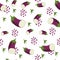 Seamless pattern of eggplant vegetable, its leaves and simple geometic shape on white background. Vector flat illustration