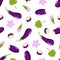 Seamless pattern Eggplant whole and cut, eggplant flowers and leaf. Vector illustration of vegetables, a set of harvest