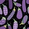 Seamless pattern with eggplants in patchwork style on black background