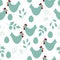 Seamless pattern with eggs, birds and stylized leaves. Endless texture for spring design