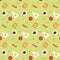 Seamless pattern with eggs and fried sausages, tomato, toast, and a cup of coffee. Breakfast wallpaper on green